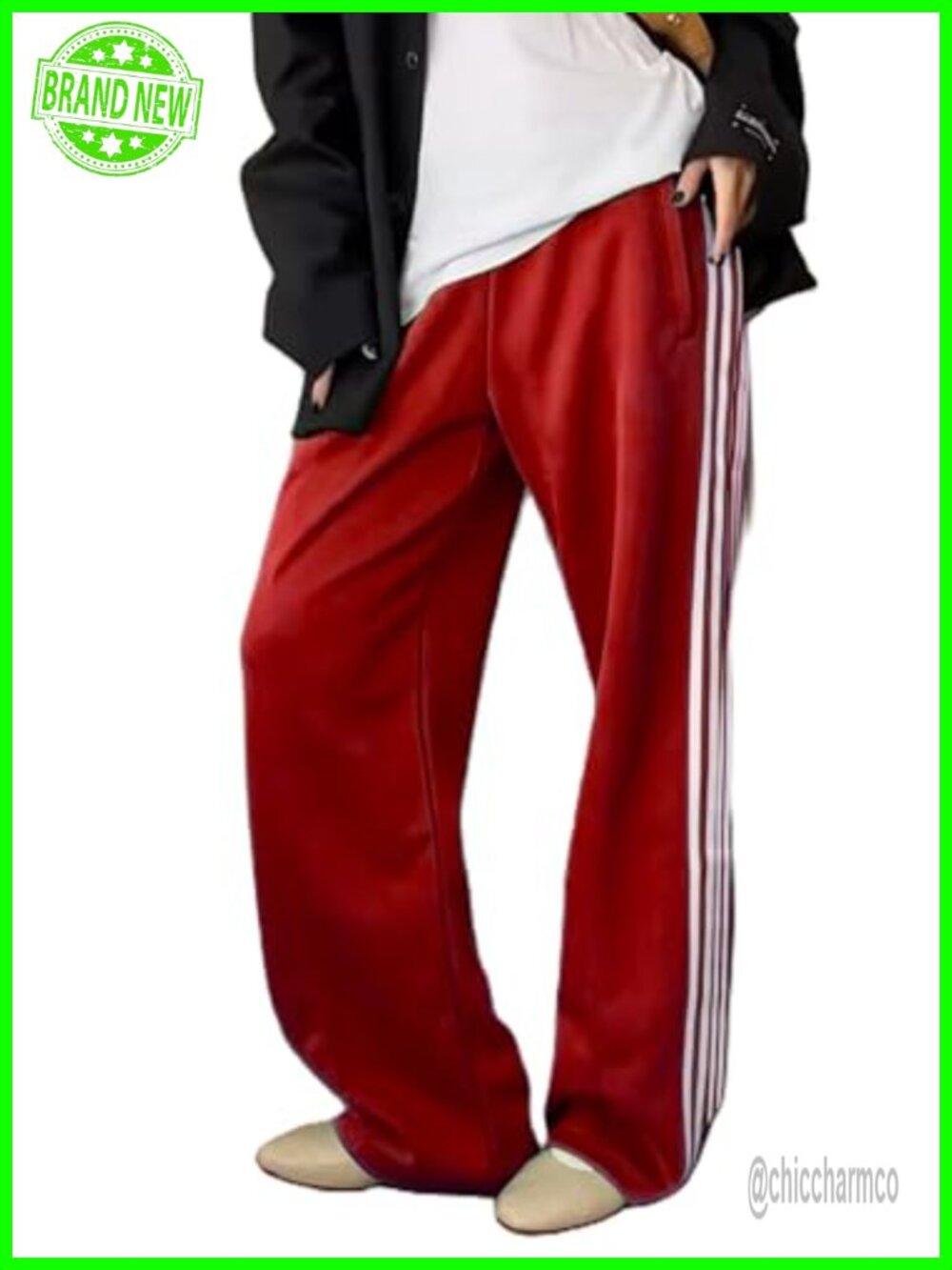 Women Baggy Striped Track Pants Wide Leg Joggers Elastic Waist with Pockets